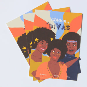 Carte postale Golden Divas. Whitney Houston, Aretha Franklin, Nina Simone. Par Mlle Belamour X Gender Games