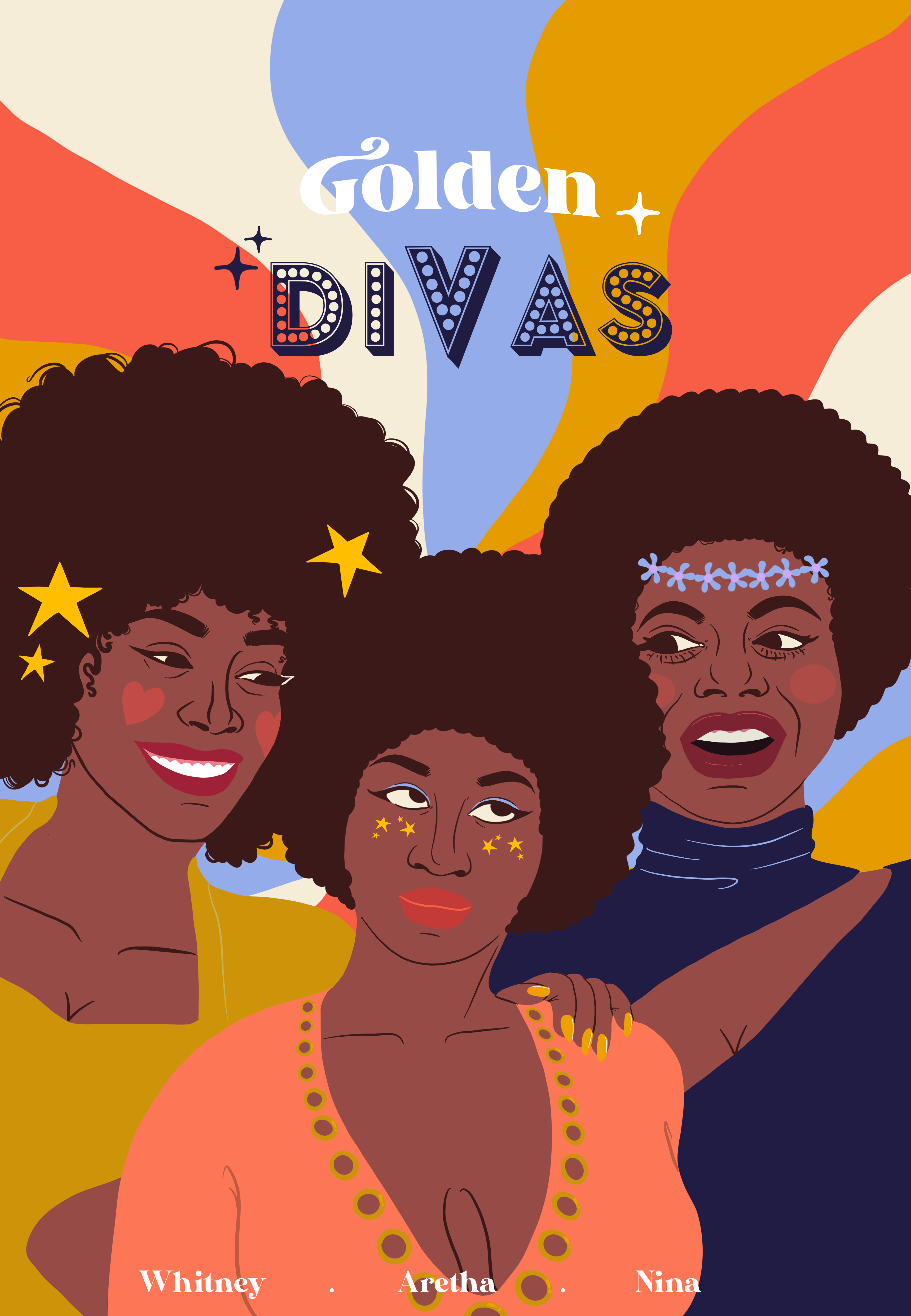Carte postale Golden Divas. Whitney Houston, Aretha Franklin, Nina Simone. Par Mlle Belamour X Gender Games