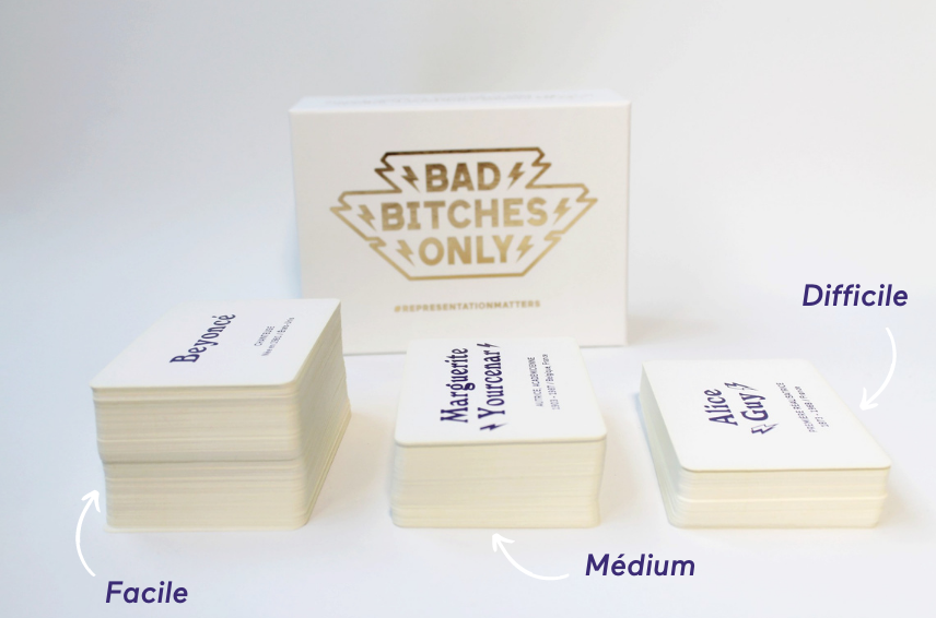 Cartes Bad Bitches Only classées par niveau de difficulté : Beyoncé, Marguerite Yourcenar ou Alice Guy